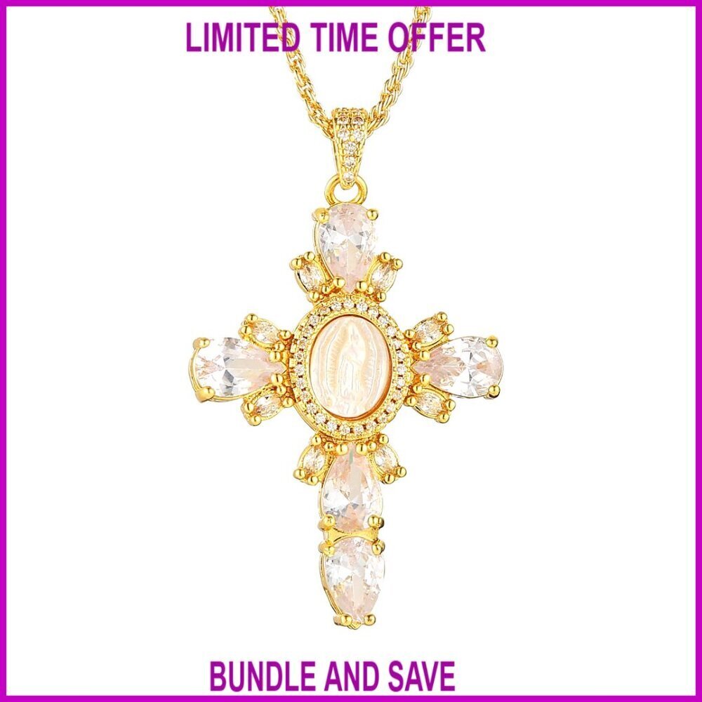 18K Gold Plated Cross Necklace with Cubic Zirconia Pendant, 23.5 Inch Chain